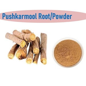 May include: Dried brown roots of the Pushkarmool plant, also known as Inula racemosa, and a bowl of the ground powder.