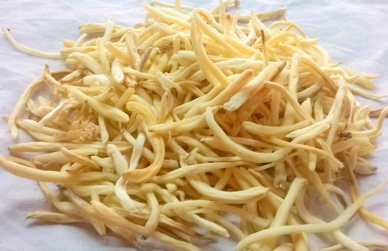 May include: A pile of dried, light brown flower buds. The buds are long and thin, and they are arranged in a random pattern.