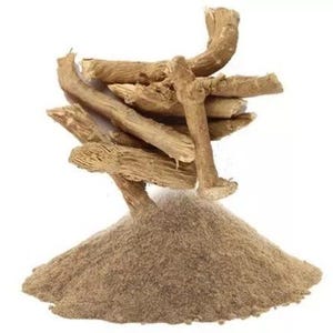 Puede incluir: Un montón de raíces secas de color marrón claro, con un montículo del mismo polvo de raíz debajo.