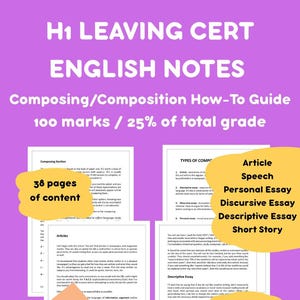 Op de afbeelding: Een gids voor het schrijven van essays voor het Leaving Cert English-examen. De gids bevat 38 pagina's inhoud en behandelt verschillende soorten essays, waaronder artikelen, toespraken, persoonlijke essays, betogende essays, beschrijvende essays en korte verhalen. De gids is beschikbaar als een printbaar PDF-bestand.