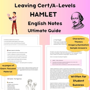 Puede incluir: Una guía de estudio para la obra Hamlet, con el título en letras grandes y un retrato de Shakespeare. La guía incluye secciones sobre personajes, temas y ejemplos de respuestas, enfocada en material de examen.
