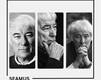 Puede incluir: Retrato en blanco y negro de Seamus Heaney, presentado en tres paneles. Los paneles muestran diferentes poses del sujeto, con el nombre "SEAMUS HEANEY" debajo. La imagen está enmarcada con un borde negro.