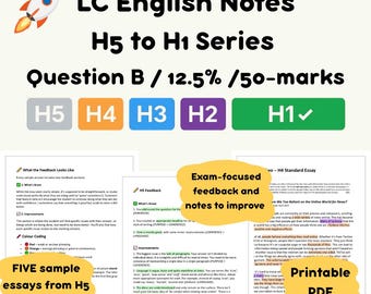 Puede incluir: Un gráfico colorido con el texto "LC English Notes H5 to H1 Series" y "Question B / 12.5% / 50-marks". El gráfico también incluye cinco cuadros de colores etiquetados como "H5", "H4", "H3", "H2" y "H1". Debajo del gráfico hay dos páginas de notas con el texto "What the Feedback Looks Like" y "Exam-focused feedback and notes to improve". Las notas proporcionan comentarios sobre los ensayos escritos para el examen de inglés del Leaving Certificate.