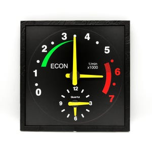May include: Black square clock with a white face and black hands. The clock has a green and red arc around the face, with the words "ECON" and "1/min x1000" printed on the face.