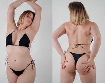 Solide Schwarze Dreieck Hohe Taille Mini Bikini Set Micro String Bikini Set