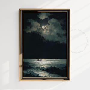 Moonlit Ocean Night Seascape Print | Nautical Wall Art | Dark Moody Sea Painting | Full Moon Night Decor | Coastal Bedroom Wall Art | jaiivv