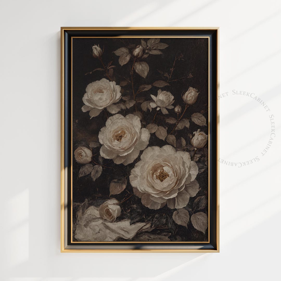 Dark Floral Still Life Print: Moody Vintage Oil Painting (digital ...
