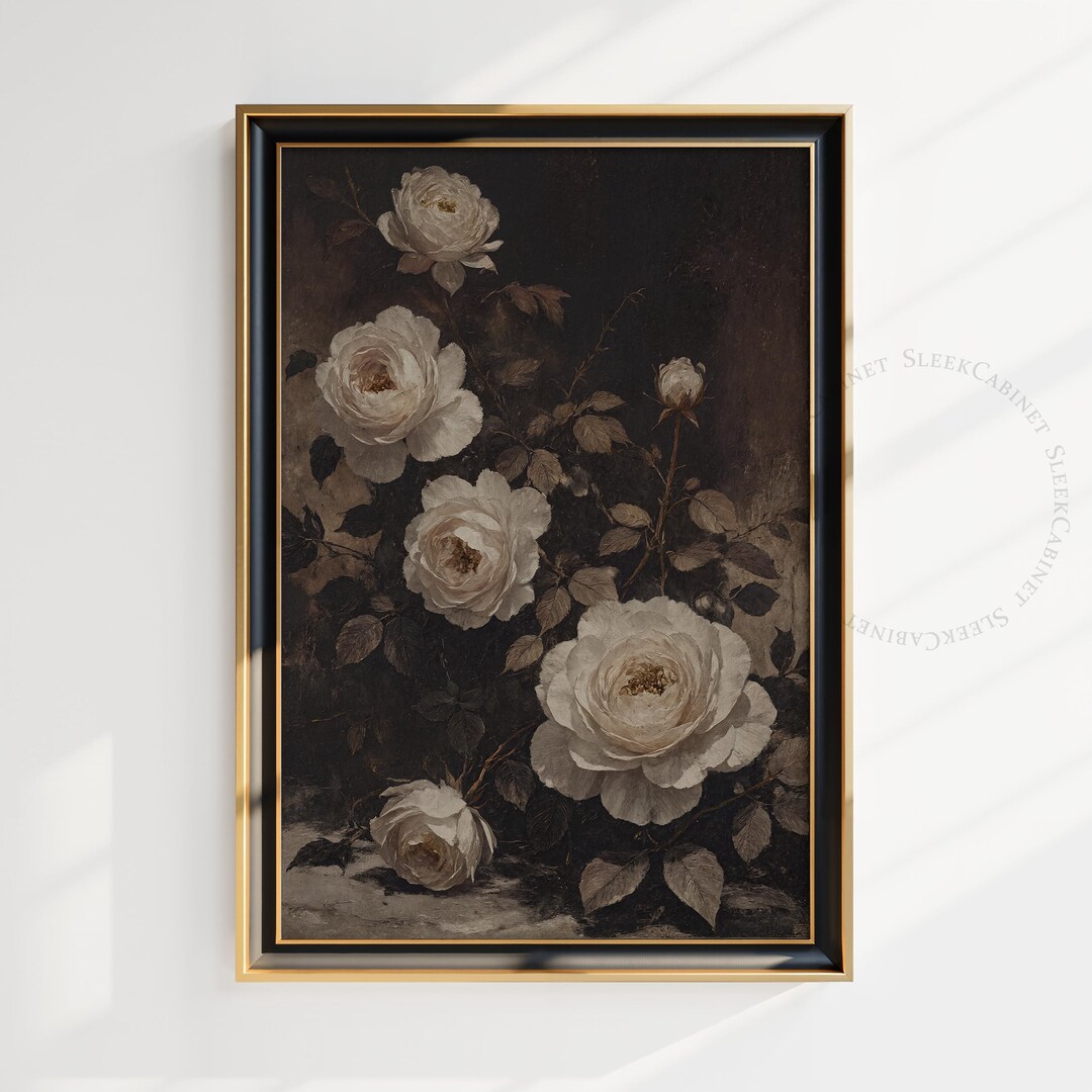 Dark Floral Still Life: Moody Vintage Rose Oil Painting (digital ...