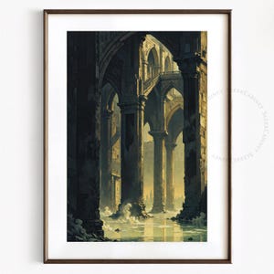 May include: A digital painting of a flooded, ruined building with tall, arched columns and a stone floor. The water is a murky green and the sky is a pale blue.