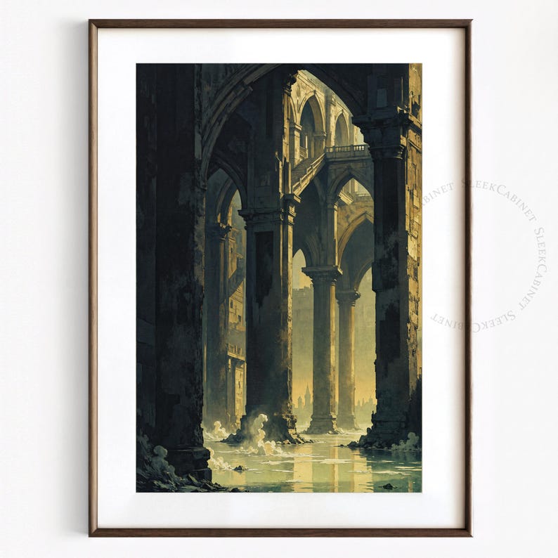 May include: A digital painting of a flooded, ruined building with tall, arched columns and a stone floor. The water is a murky green and the sky is a pale blue.