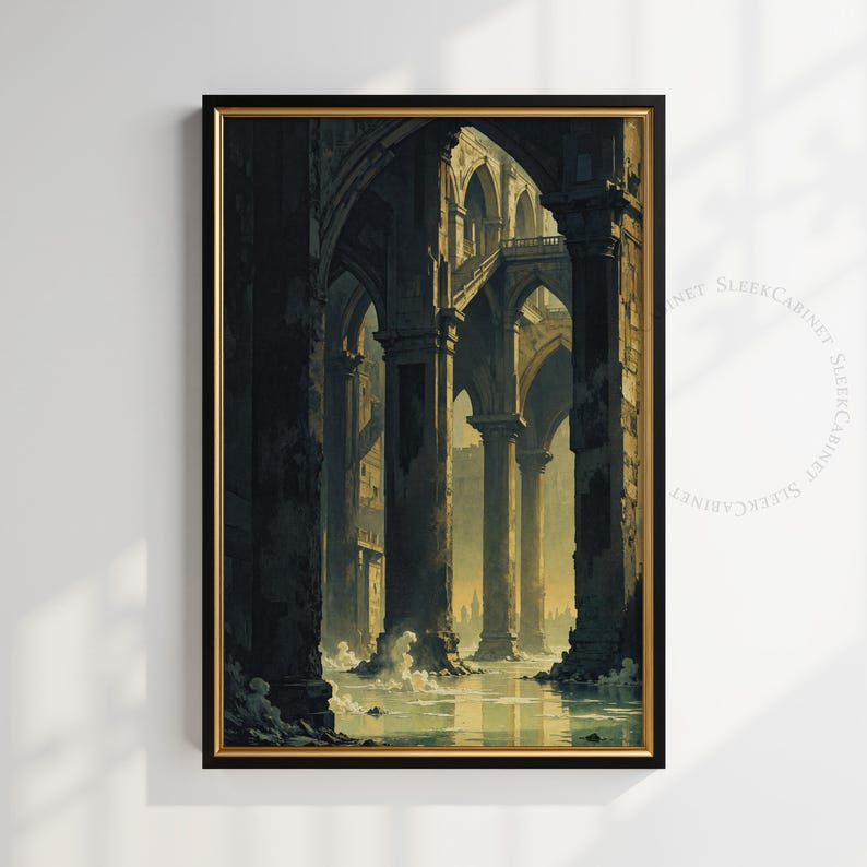 May include: A painting of a crumbling stone structure with arched doorways and columns, partially submerged in water. The water is a calm, reflective green, and the sky is a soft, muted blue.