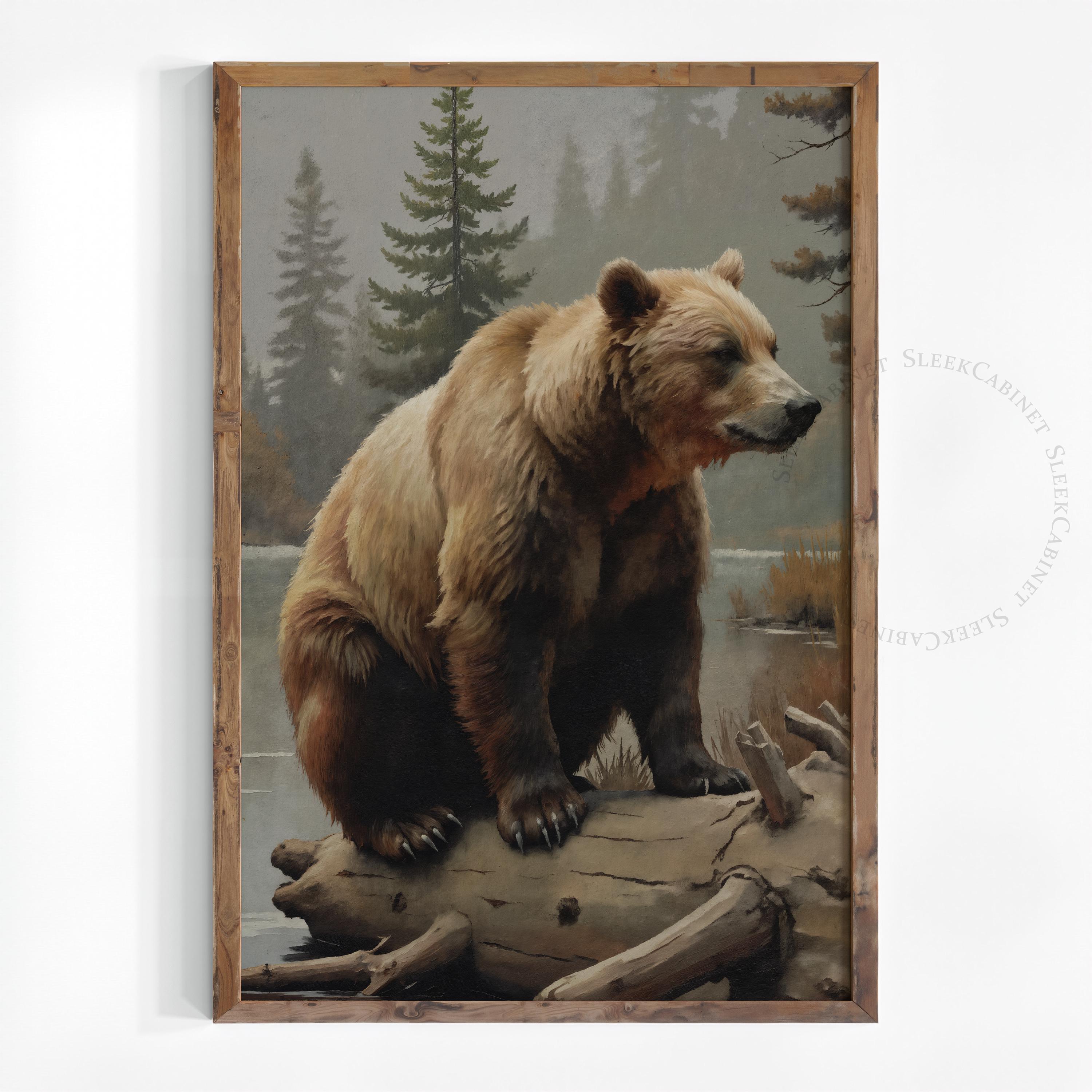 Grizzly Bear Wilderness Print: Rustic Cabin Wall Art (digital