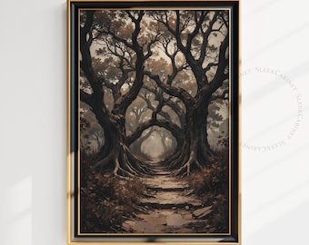 Dark Forest Path Print: Mystical Tree Tunnel Oil Painting (Digital Download)