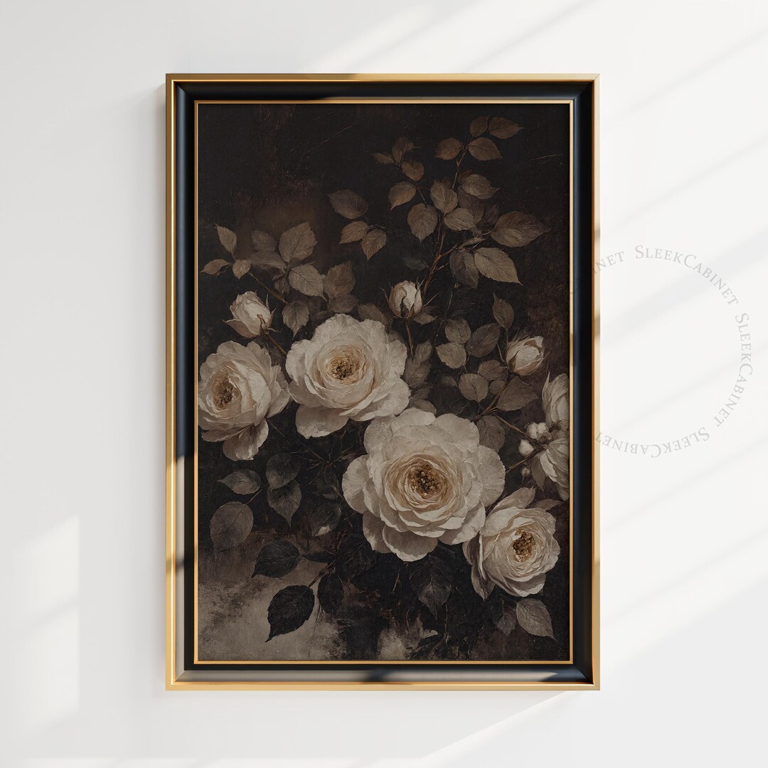 Dark Floral Still Life Print: Moody Vintage Rose Painting (digital ...