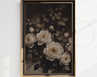 Dark Floral Still Life Print: Moody Vintage Rose Painting (Digital Download)