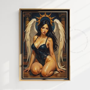 Dark Angel Oil Painting Print | Gothic Fantasy Wall Art | Fallen Angel with Gold Halo | Digital Download | Printable Home Decor | nfdief002