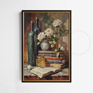Book Stack With Vine Bottles | Vintage Oil Painting Home Decoration |  Digital Wall Art For Print | Download Printable Art | dttra