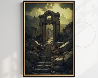 ゴシック遺跡の壁画：ダークファンタジー風景プリント（PDF）