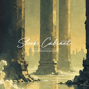 May include: A digital art print featuring a stylized cityscape with tall, weathered pillars in the foreground. The text "Sleek Cabinet" and "Digital Prints & Wall Art" is visible in the image.