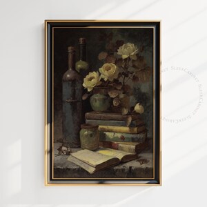 Book Stack With Vine Bottles | Vintage Oil Painting Home Decoration |  Digital Wall Art For Print | Download Printable Art | xlcry
