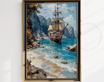 Coastal Seascape Oil Painting: Nautical Sailboat Art (Digital Download)