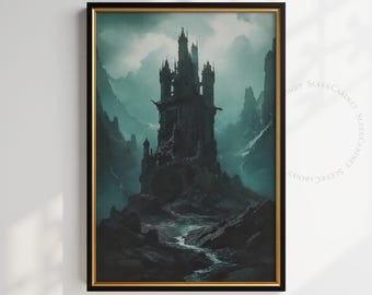 Gothic Castle Print: Dark Teal Landscape, Medieval Tower (Digital Download)