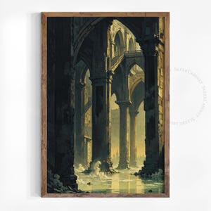 May include: A digital painting of a flooded, ruined city. The water is a murky green and the buildings are crumbling and overgrown with vines. The sky is a pale blue and the sun is setting in the distance.