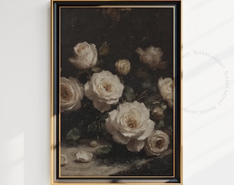 Puede incluir: Una pintura enmarcada de rosas blancas sobre un fondo oscuro. Las rosas están dispuestas en un grupo y parecen estar en un jarrón. La pintura tiene un estilo vintage.