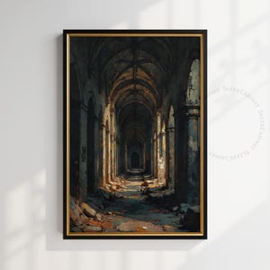 Stampa artistica del corridoio della cattedrale gotica: architettura medievale oscura (download digitale)