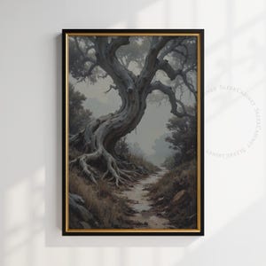 Misty Forest Path Print: Ancient Tree Oil Painting (Digital Download)