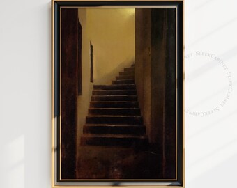 Moody Staircase Oil Painting Print: Gothic Architecture (Digital Download)