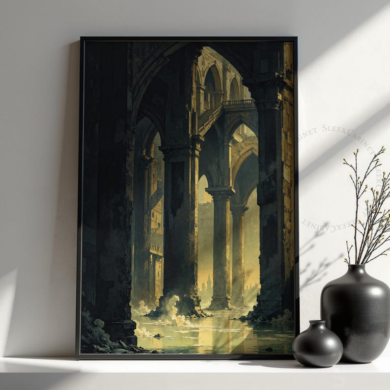 May include: A digital painting of a dark, mysterious, and abandoned stone archway structure. The archway is flooded with water, and the water reflects the light from the sky. The archway is surrounded by tall, dark stone pillars.