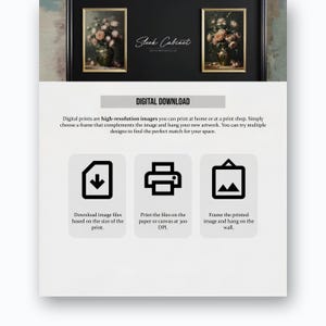 May include: Digital download instructions for printing high-resolution images. The instructions include downloading the image files, printing on paper or canvas at 300 DPI, and framing the printed image. The text "Steek Cabinet" is visible at the top of the image.
