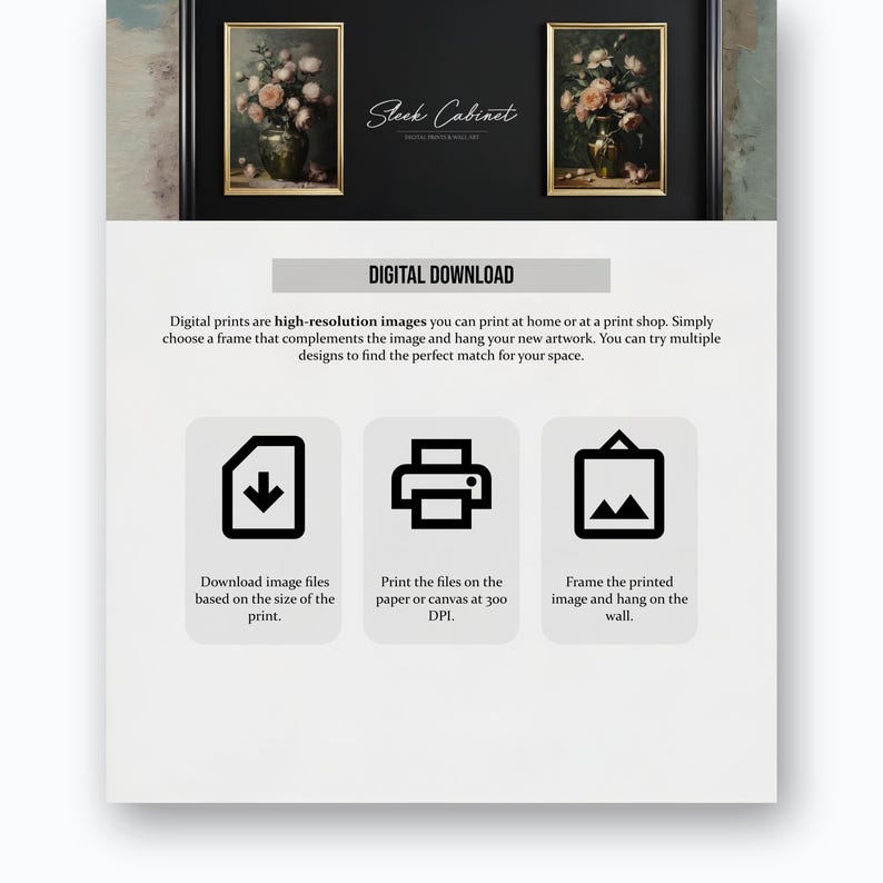 May include: Digital download instructions for printing high-resolution images. The instructions include downloading the image files, printing on paper or canvas at 300 DPI, and framing the printed image. The text "Steek Cabinet" is visible at the top of the image.