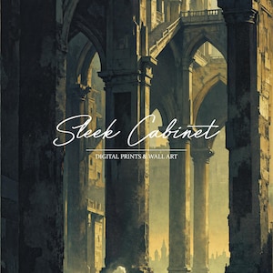 May include: A digital art print featuring a dark, weathered, stone archway with a faded, light blue sky in the distance. The text "Sleek Cabinet" is written in white cursive script above the text "Digital Prints & Wall Art".