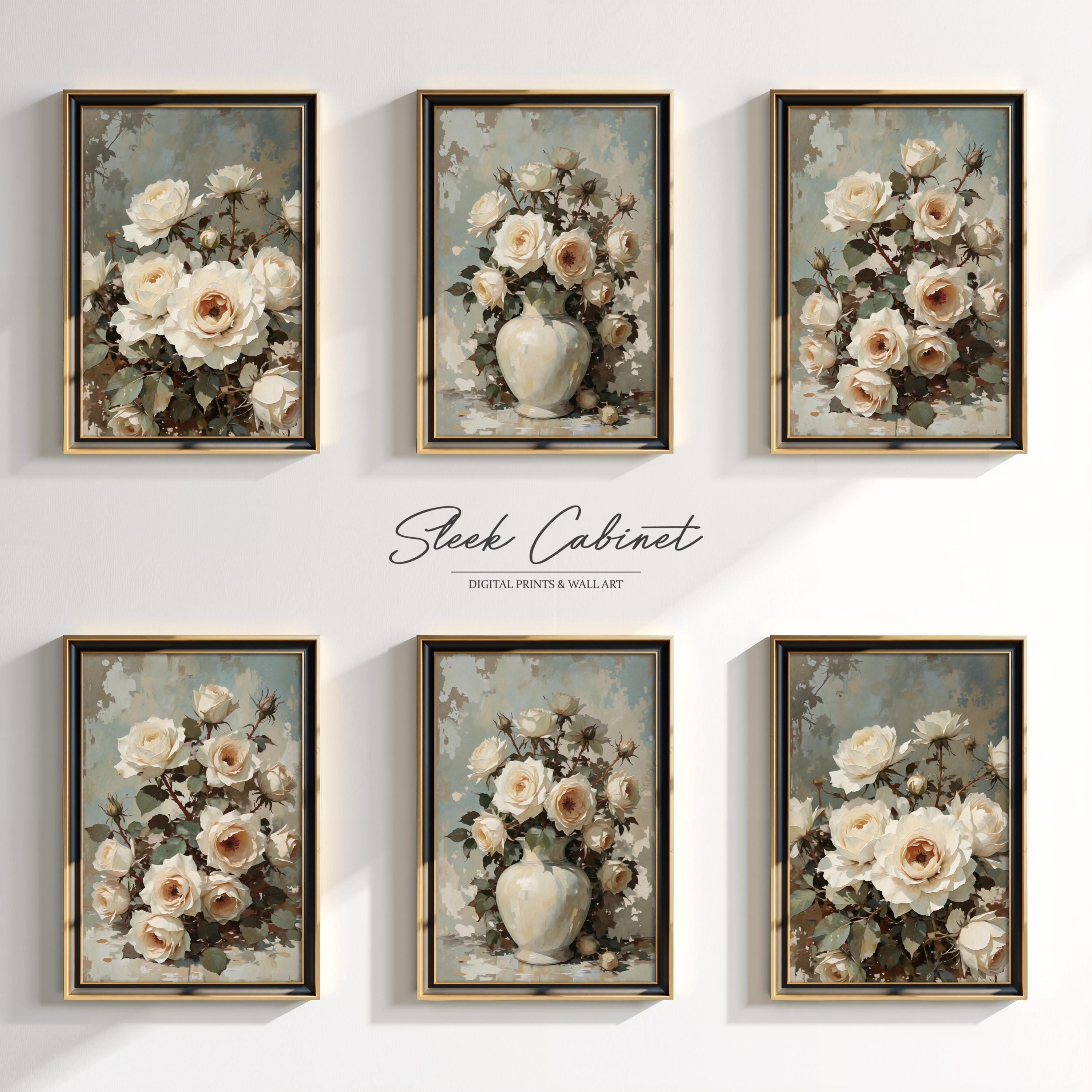 White Rose Still Life Print Set: Victorian Floral Oil Painting (digital ...