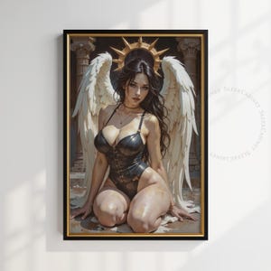 Dark Angel Oil Painting Print | Gothic Fantasy Wall Art | Fallen Angel with Gold Halo | Digital Download | Printable Home Decor | nfdief001