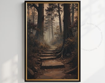 Misty Forest Path Oil Painting: Gothic Autumn Stone Steps (Digital Download)