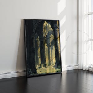 May include: A framed painting of a dark, mysterious, and abandoned stone building with arched doorways and columns. The building is partially submerged in water, creating a sense of decay and ruin.