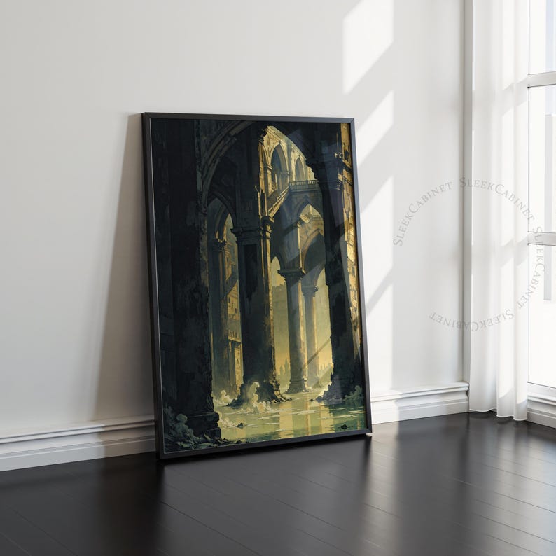 May include: A framed painting of a dark, mysterious, and abandoned stone building with arched doorways and columns. The building is partially submerged in water, creating a sense of decay and ruin.