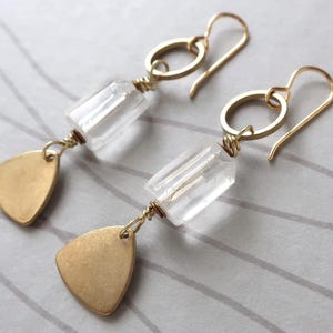 Quartz Crystal Earrings, Brass Geometric Dangle Modern Artistic Earrings, Long Earrings, 14K Gold Plated Ear Wires