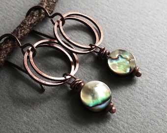 Copper Hoop Abalone Earrings: Hypoallergenic Niobium Wires