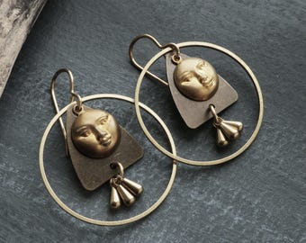 Moon Geometric Hoop Earrings: Mixed Metal Brass & Bronze Boho Style