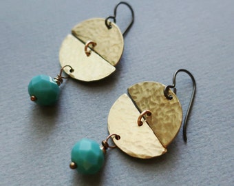 Teal and Brass Hammered Earrings Semi Circle Geometric Earrings, Raw Brass, Textured, Gold, Hypoallergenic