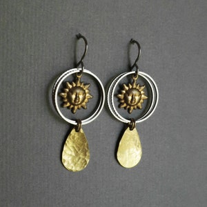 Brass Sun Earrings Mixed Metal Earrings // Sun Dangle Earrings // Gold and Silver // Sun Hoop Earrings // Renaissance Style / Gift for Her