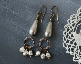 Silver Teardrop Earrings Czech Glass Antiqued Silver Earrings, Bling, Sparkle, Brass, Copper Mixed Metal