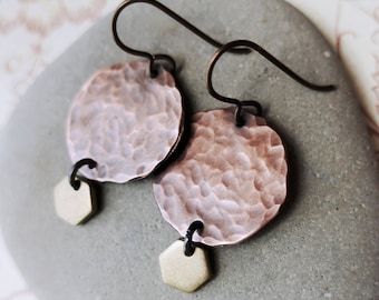 Copper Hammered Disc Earrings Handcrafted Rustic Jewelry, Copper and Brass, Mixed Metal, Hypoallergenic