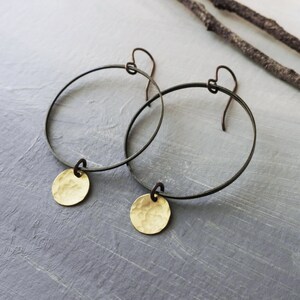 Brass Disc and Bronze Hoop Earrings Hammered Raw Brass, Boho Earrings image 2