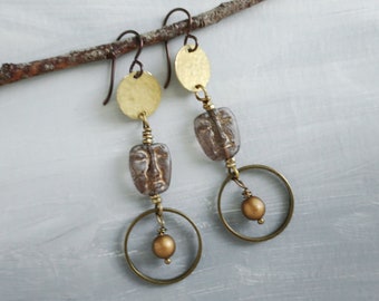 Peaceful Face Earrings OOAK Brass Disc Boho Earrings, Brass Hoop, Gold, Eclectic Earrings, Mixed Metal Long Earrings, Hypoallergenic