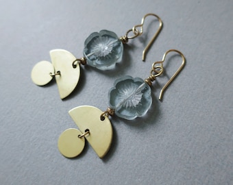 Pale Blue Glass Flower and Brass Earrings Geometric Earrings // Gold Long Dangle Brass Earrings